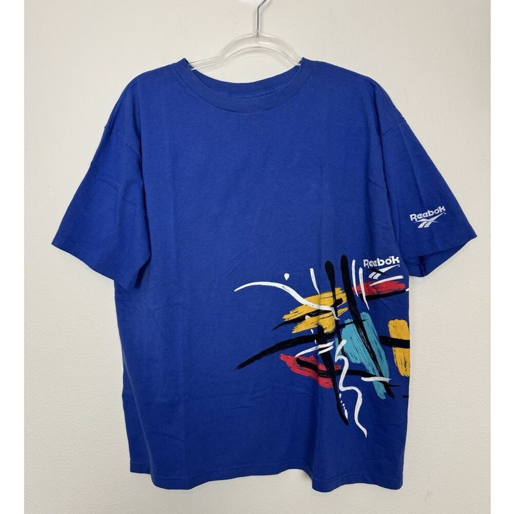 Vintage 90s Reebok T Shirt Blue Abstract Graphic Wraparound Logo Tee Mens Large